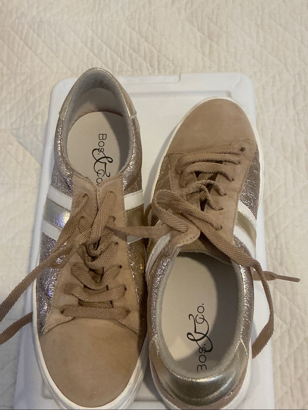 Bos. & Co. Tan Suede Sneakers with Metallic Gold Stripes